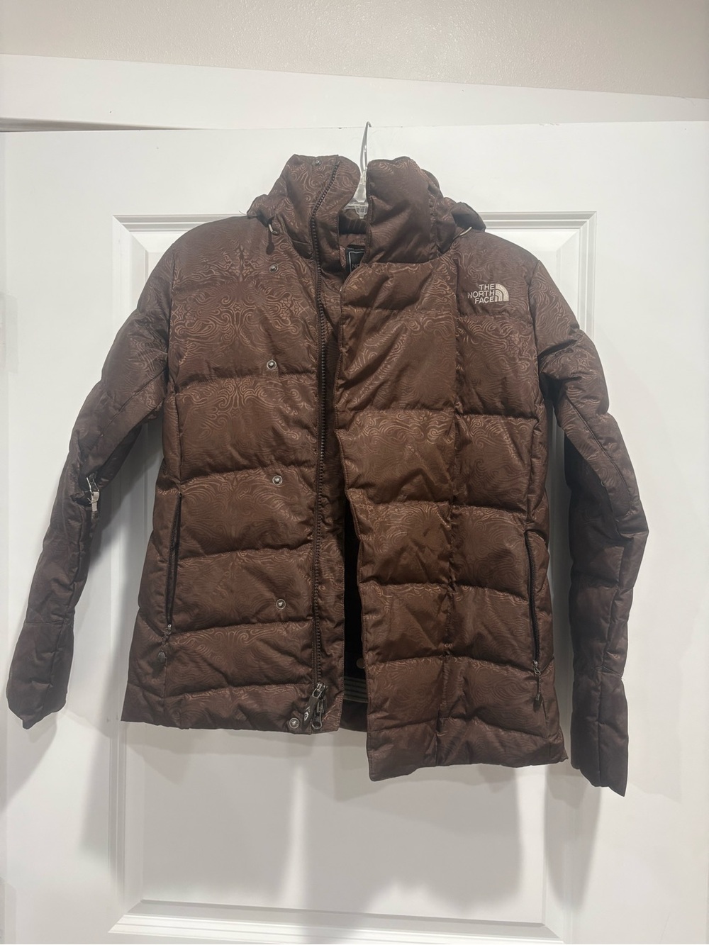 The North Face Brown Quilted Ski Puffer Jacket with Subtle Print